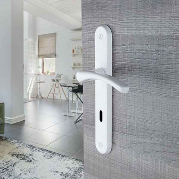 2 poignées de porte sur plaque EVA, Entrée de clé pour chambre, Finition aluminium blanc, Entraxe standard 195 mm