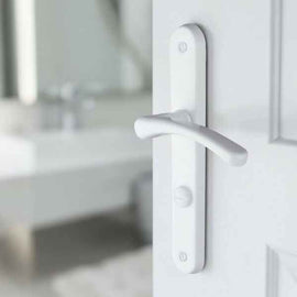 2 poignées de porte sur plaque EVA, Verrou de condamnation pour salle de bain/WC, Finition aluminium blanc, Entraxe standard 195 mm