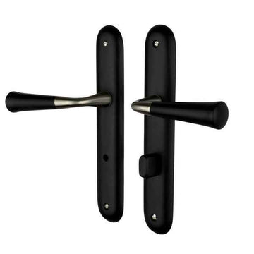 2 poignées de porte sur plaque CLEO, Verrou de condamnation pour salle de bain/WC, Finition bois noir, Entraxe standard 195 mm