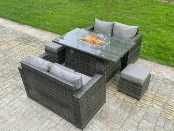 Fimous Rattan Meubles D'extérieur Foyer Au Gaz Table Rectangulaire Chauffage Au Gaz Amour Canapé Petit Tabouret Ensemble De 6 Places