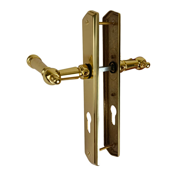 2 poignées de porte ATTILA, Trou de cylindre - entrée - bureau - service, Finition laiton poli doré, Entraxe standard 195 mm