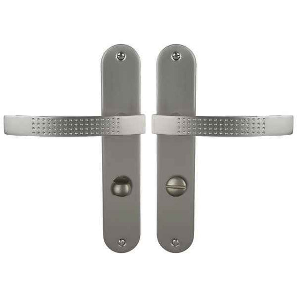 2 poignées de porte sur plaque AUDACE, Verrou condamnation pour salle de bain, Finition aluminium nickel mat, Entraxe standard 195 mm