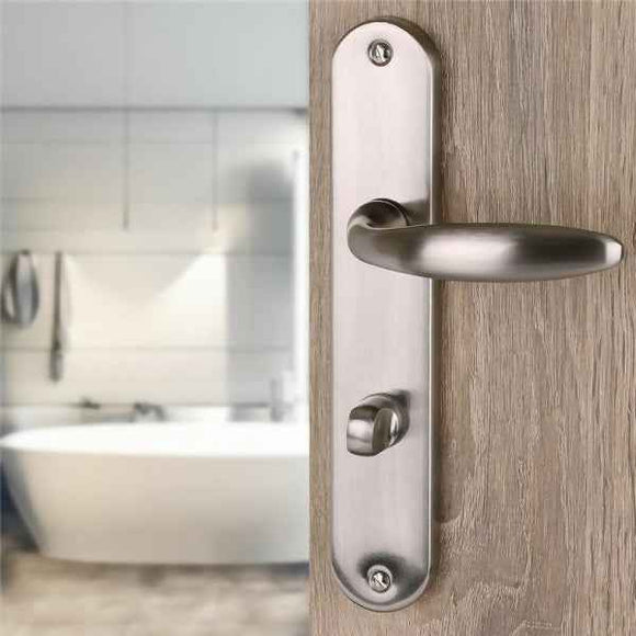 2 poignées de porte sur plaque CHAMBON, Verrou de condamnation pour salle de bain/WC, Finition aluminium nickel mat, Entraxe standard 195 mm