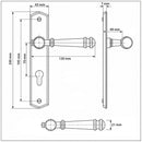 Schéma technique de 2 poignées de porte ATTILA, Trou de cylindre - entrée - bureau - service, Finition laiton poli doré, Entraxe standard 195 mm