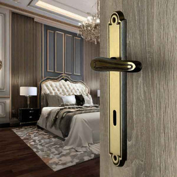 2 poignées de porte sur plaque VANESSA, Entrée de clé pour chambre, Finition laiton patiné, Entraxe standard 195 mm