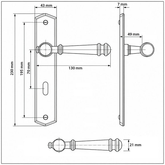 Schéma technique de 2 poignées de porte ATTILA, Entrée de clé pour chambre, Finition laiton poli doré, Entraxe standard 195 mm
