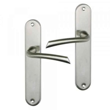 2 poignées de porte sur plaque RHAPSODIE, Sans trou pour pièce à vivre, Finition zamak nickel mat, Entraxe standard 195 mm
