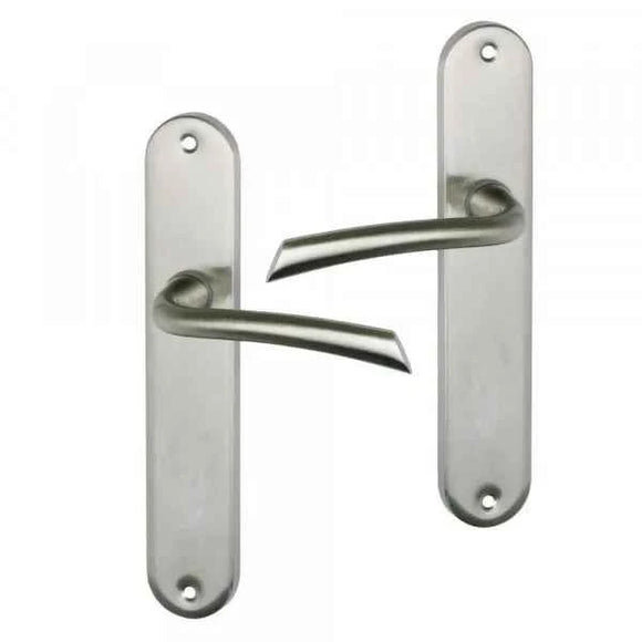 2 poignées de porte sur plaque RHAPSODIE, Sans trou pour pièce à vivre, Finition zamak nickel mat, Entraxe standard 195 mm