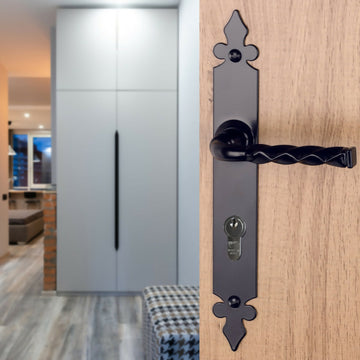 2 poignées de porte sur plaque NANTUA, Trou de cylindre - entrée - bureau, Finition aluminium noir, Entraxe standard 195 mm