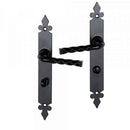 2 poignées de porte sur plaque NANTUA, Verrou condamnation pour salle de bain, Finition aluminium noir, Entraxe standard 195 mm