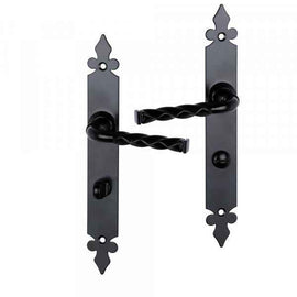 2 poignées de porte sur plaque NANTUA, Verrou condamnation pour salle de bain, Finition aluminium noir, Entraxe standard 195 mm