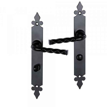 2 poignées de porte sur plaque NANTUA, Verrou condamnation pour salle de bain, Finition aluminium noir, Entraxe standard 195 mm