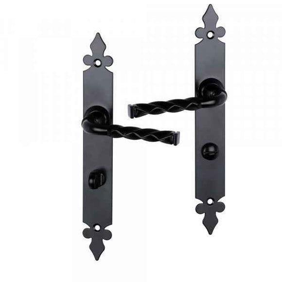 2 poignées de porte sur plaque NANTUA, Verrou condamnation pour salle de bain, Finition aluminium noir, Entraxe standard 195 mm