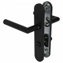 2 poignées de porte universelles Dualfit sur plaque ronde BRUNELLA, Verrou condamnation pour salle de bain/WC, Finition Acier noir mat bi-entraxe 165-195