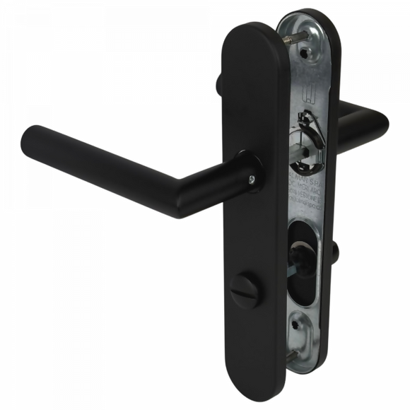 2 poignées de porte universelles Dualfit sur plaque ronde BRUNELLA, Verrou condamnation pour salle de bain/WC, Finition Acier noir mat bi-entraxe 165-195