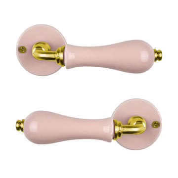 2 poignées sur rosaces rondes LIZON, Porcelaine rose, Finition coude en Laiton poli doré