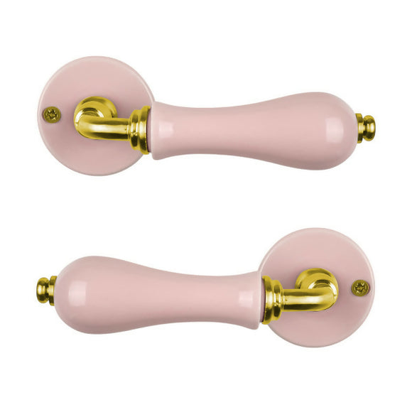 2 poignées sur rosaces rondes LIZON, Porcelaine rose, Finition coude en Laiton poli doré