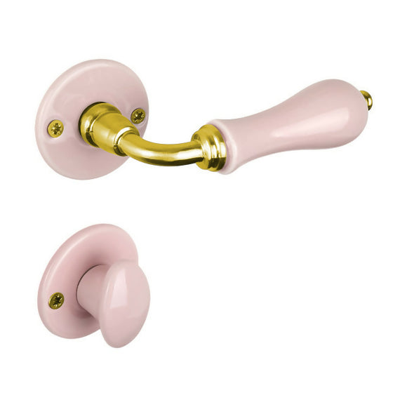 2 poignées sur rosaces rondes LIZON, Verrou de condamnation pour salle de bain/WC, Porcelaine rose, Finition coude en Laiton poli doré