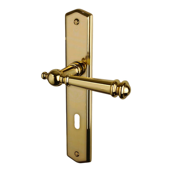 2 poignées de porte ATTILA, Entrée de clé pour chambre, Finition laiton poli doré, Entraxe standard 195 mm