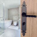2 poignées de porte sur plaque NANTUA, Verrou condamnation pour salle de bain, Finition aluminium noir, Entraxe standard 195 mm