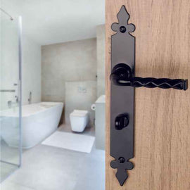 2 poignées de porte sur plaque NANTUA, Verrou condamnation pour salle de bain, Finition aluminium noir, Entraxe standard 195 mm