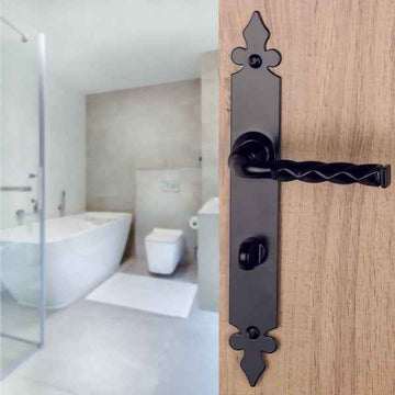 2 poignées de porte sur plaque NANTUA, Verrou condamnation pour salle de bain, Finition aluminium noir, Entraxe standard 195 mm