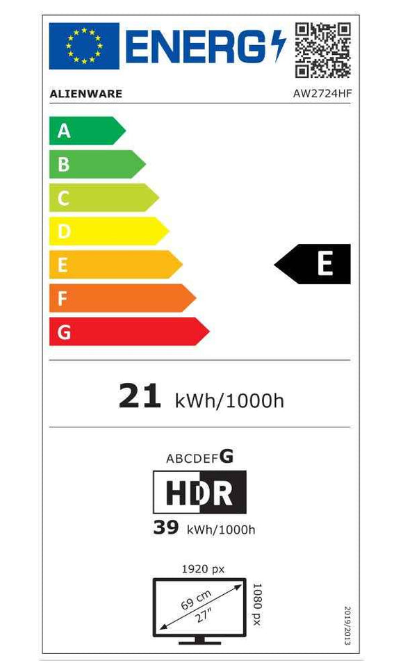 Dell | Écran de jeu | AW2724HF | 27 pouces | IPS | FHD | 16:9 | 360 Hz | 0,5 ms | 1920 x 1080 | 400 cd/m² | Nombre de ports HDMI : 1 | Noir