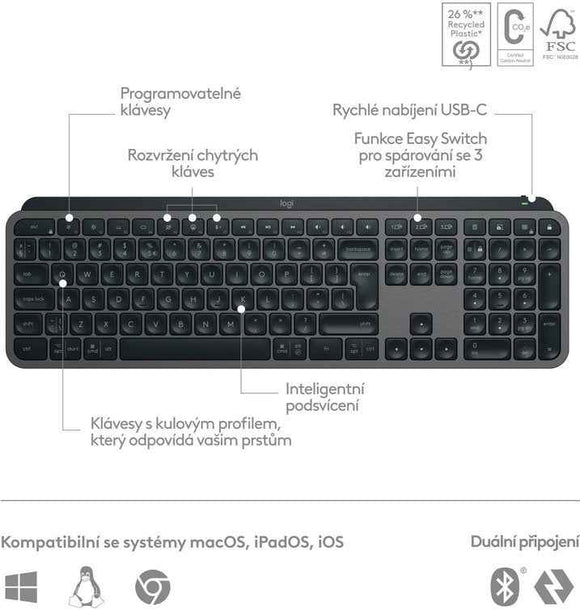 Logitech klávesnice MX Keys S/ bezdrátová/ Bluetooth/ USB-C/ CZ-SK layout/ grafitová