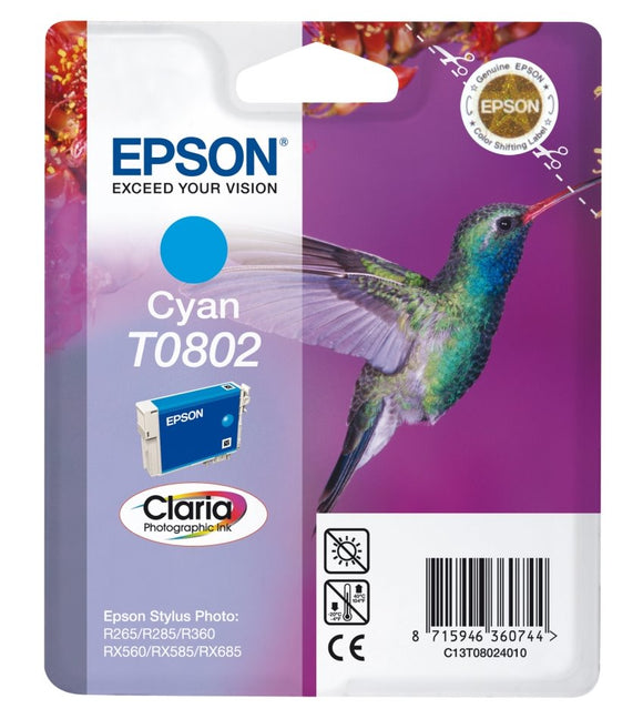 EPSON 1LB T0802 ink cartridge cyan standard capacity 7.4ml 935 pages 1-pack blister without alarm