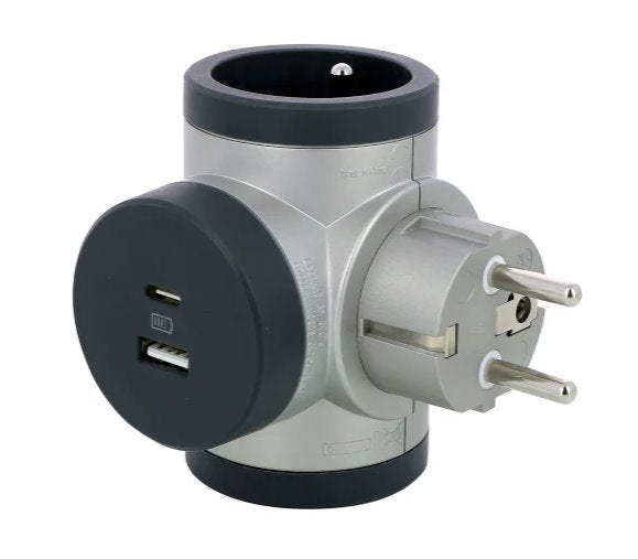 Rozgałęźnik obrotowy 2x2P+Z, USB A+C - aluminium/grafitowy