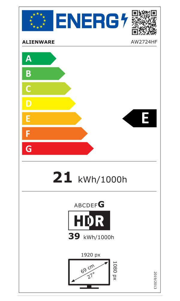 Dell | Écran de jeu | AW2724HF | 27 pouces | IPS | FHD | 16:9 | 360 Hz | 0,5 ms | 1920 x 1080 | 400 cd/m² | Nombre de ports HDMI : 1 | Noir