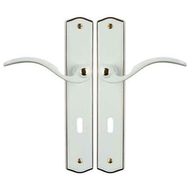 2 poignées de porte sur plaque EVITA, Entrée de clé pour chambre, Finition laiton blanc liseré doré, Entraxe standard 195 mm