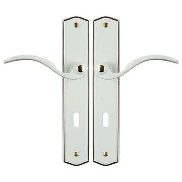 2 poignées de porte sur plaque EVITA, Entrée de clé pour chambre, Finition laiton blanc liseré doré, Entraxe standard 195 mm
