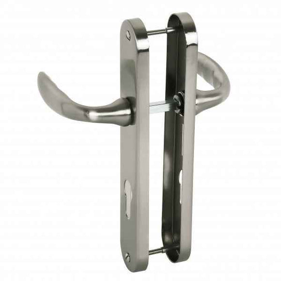 2 poignées de porte sur plaque CHAMBON, Trou de cylindre - entrée - bureau - service, Finition aluminium nickel mat, Entraxe standard 195 mm