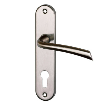 2 poignées de porte sur plaque RHAPSODIE, Trou de cylindre - entrée - bureau - service, Finition zamak nickel mat, Entraxe 165 mm