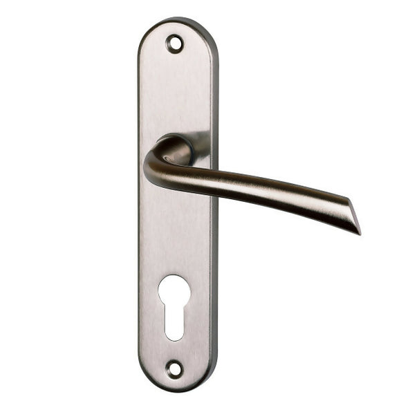 2 poignées de porte sur plaque RHAPSODIE, Trou de cylindre - entrée - bureau - service, Finition zamak nickel mat, Entraxe 165 mm