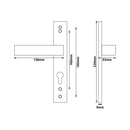 Schéma technique de 2 poignées de porte universelles Dualfit sur plaque carrée BRUNELLA, Trou de cylindre - entrée - bureau - service, Finition Acier blanc mat bi-entraxe 165-195