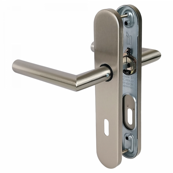 2 poignées de porte universelles Dualfit sur plaque ronde BRUNELLA, Entrée de clé pour chambre, Finition Acier nickel mat bi-entraxe 165-195