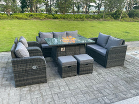 Fimous Dark Mixed Grey Rotin Outdoor Garden Furniture Gas Firepit Table Set Chauffage à Gaz Salon Amour Canapé Chaise Longue Repose - Pieds 9 Places
