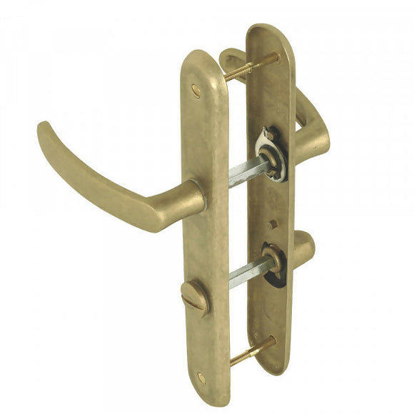 2 poignées de porte sur plaque VINTAGE, Verrou condamnation pour salle de bain/WC, Finition laiton brut laqué mat, Entraxe stand 195 mm