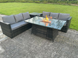 Fimous Mobilier De Jardin En Rotin Extérieur Foyer Au Gaz Table À Manger Set Chauffage Au Gaz Table D'appoint Gris Foncé Mixte 6 Places