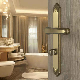 2 poignées de porte sur plaque ISABELLA, Verrou de condamnation pour salle de bain/WC, Finition laiton patiné, Entraxe standard 195 mm