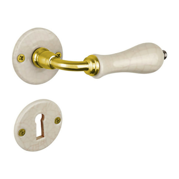 2 poignées sur rosaces rondes LIZON, Entrée de clé pour chambre, Porcelaine beige craquelé, finition coude en Laiton poli doré