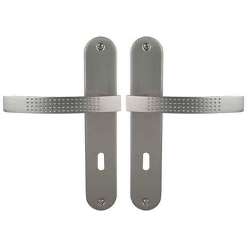 2 poignées de porte sur plaque AUDACE, Entrée de clé pour chambre, Finition aluminium nickel mat, Entraxe standard 195 mm
