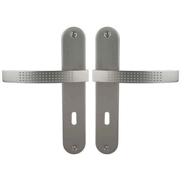 2 poignées de porte sur plaque AUDACE, Entrée de clé pour chambre, Finition aluminium nickel mat, Entraxe standard 195 mm