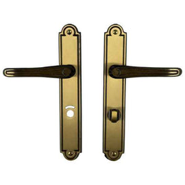 2 poignées de porte sur plaque VANESSA, Verrou de condamnation pour salle de bain/WC, Finition laiton patiné, Entraxe standard 195 mm
