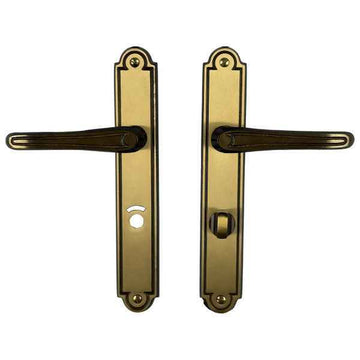 2 poignées de porte sur plaque VANESSA, Verrou de condamnation pour salle de bain/WC, Finition laiton patiné, Entraxe standard 195 mm
