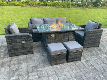 Fimous Dark Mixed Grey Rotin Outdoor Garden Furniture Set Gas Firepit Table Chauffage à Gaz Table à Manger Set Salon Canapé Chaise Longue Repose - Pieds 7 Places