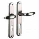 2 poignées de porte sur plaque CHAMBON, Trou de cylindre - entrée - bureau - service, Finition aluminium nickel mat, Entraxe standard 195 mm