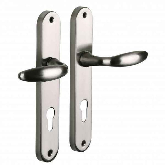 2 poignées de porte sur plaque CHAMBON, Trou de cylindre - entrée - bureau - service, Finition aluminium nickel mat, Entraxe standard 195 mm